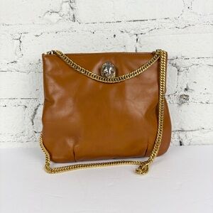 Ruth E Saltz VTG 70s Lion Head Gold Chain Brown Leather Shoulder Purse Bag